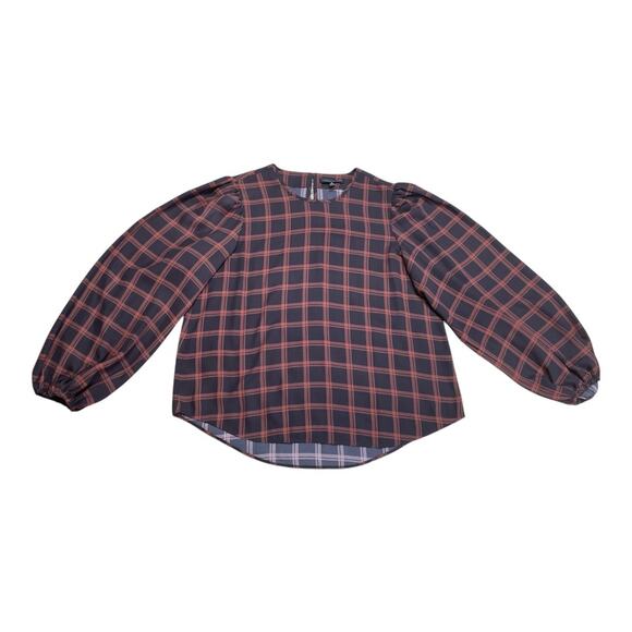 Toccin (NY) NWT Black & Brown Plaid Puff Sleeve Blouse Size Small - Picture 1 of 4